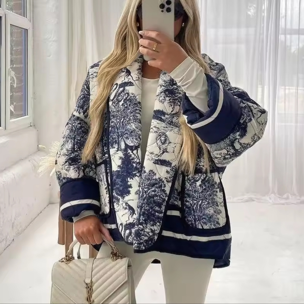 Flower Printed Jacket Casual Long Sleeve Cardigan Coat Autumn Winter Female Fash